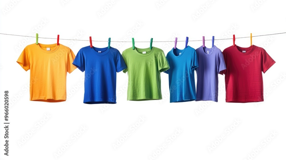Diverse, colorful t-shirts hanging on a washing line, isolated against a clean white background. Diverse, colorful t-shirts hanging on a washing line, isolated against a clean white background.