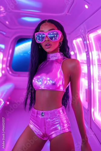 Futuristic Fashion: Model in Vibrant Metallic Ensemble