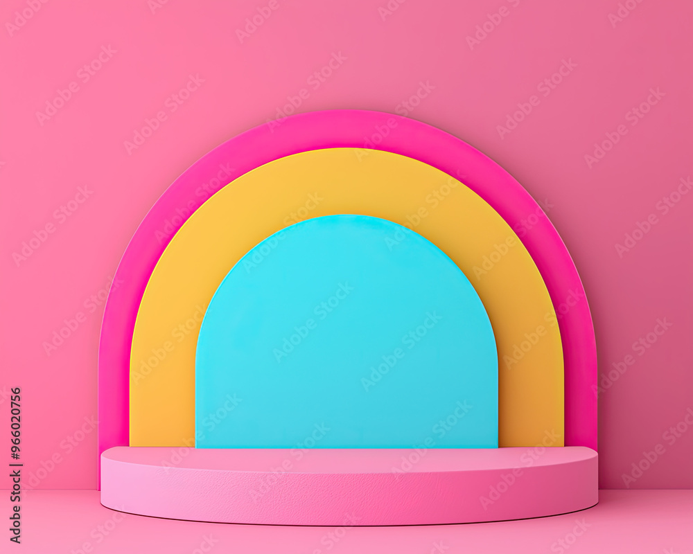 Bright and colorful abstract display with smooth shapes, featuring pink, yellow, and blue elements against a pastel background. Bright and colorful abstract display with smooth shapes, featuring pink, yellow, and blue elements against a pastel background.