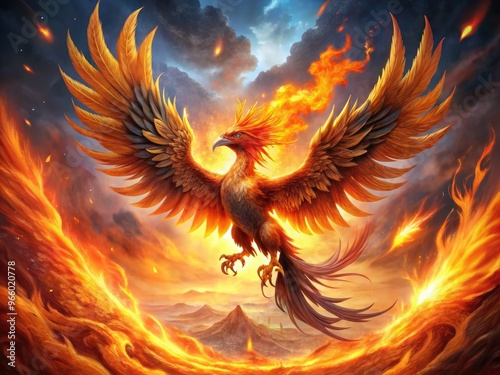 A Majestic, Fiery-Plumed Mythical Creature With Outstretched Wings, Soaring Through A Swirling Vortex Of Flames.