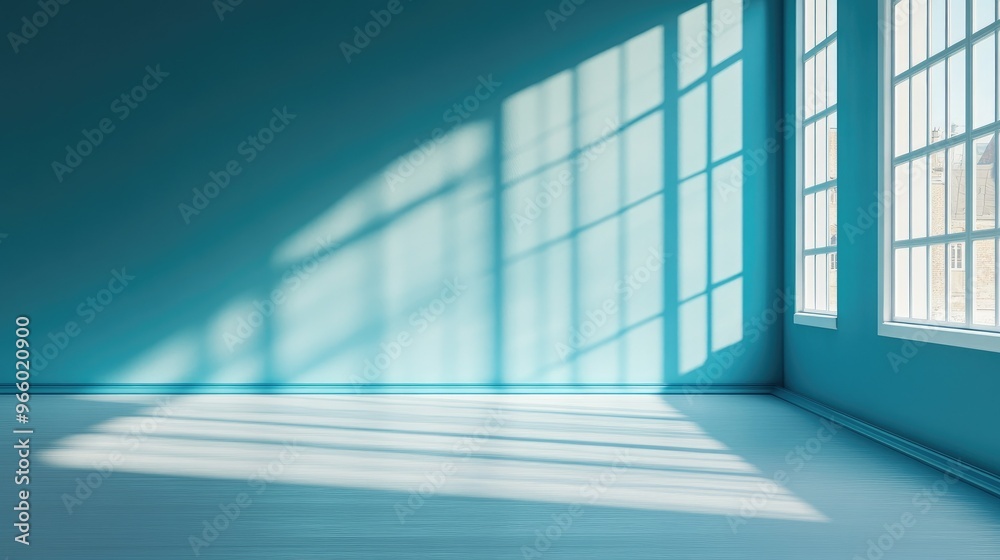 Empty blue 3D room with soft shadows from window frames, providing a modern and stylish environment for showcasing products. Empty blue 3D room with soft shadows from window frames, providing a modern and stylish environment for showcasing products.