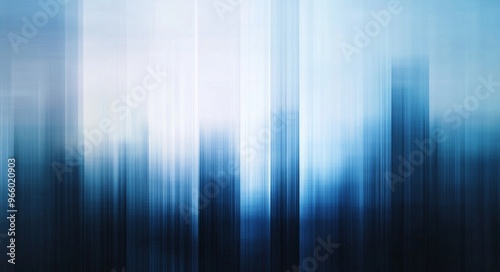 Abstract cityscape at dawn with blue tones and blurred lines depicting a mode...