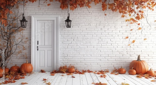 Autumn decorations with pumpkins and lanterns against a white brick wall