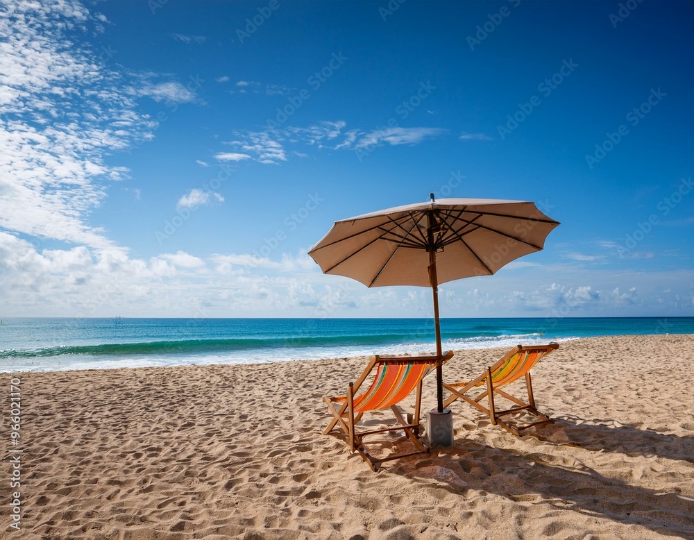 Fototapeta premium Two beach chairs and an umbrella on a sandy beach with ocean and blue sky in the background.