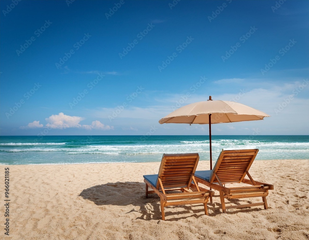 Two beach chairs and an umbrella on a sandy beach with ocean and blue sky in the background. Two beach chairs and an umbrella on a sandy beach with ocean and blue sky in the background.