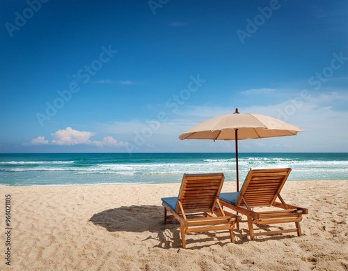 Two beach chairs and an umbrella on a sandy beach with ocean and blue sky in the background.