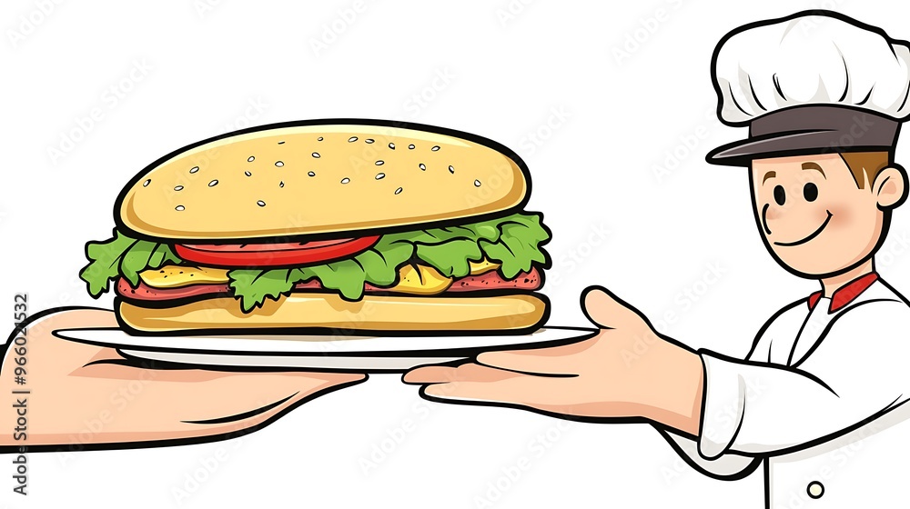Chef Receiving Giant Sandwich - Simple and Whimsical Food Illustration Clip Art Chef Receiving Giant Sandwich - Simple and Whimsical Food Illustration Clip Art