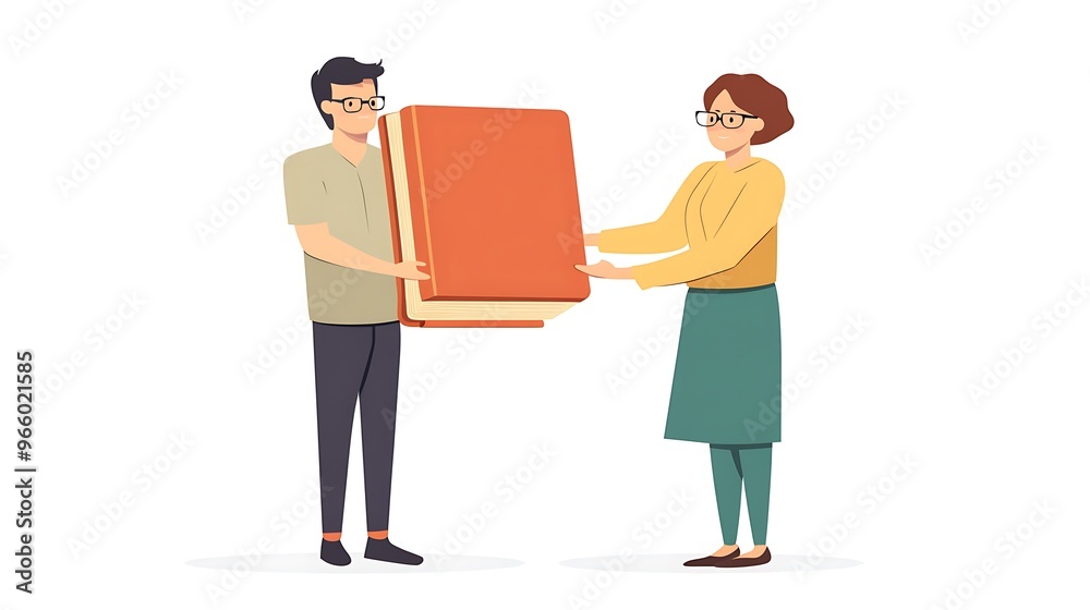 Handing Over Knowledge: Simple Flat Illustration of Hand giving Book to Librarian with Glasses Handing Over Knowledge: Simple Flat Illustration of Hand giving Book to Librarian with Glasses