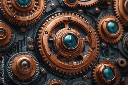 intricate copper and turquoise gears steampunk aesthetic mechanical complexity metallic sheen industrial design background