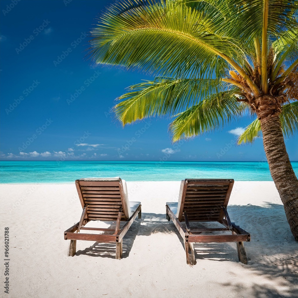 Two lounge chairs sit on a pristine, white sand beach under a palm tree, with turquoise water and blue sky in the background