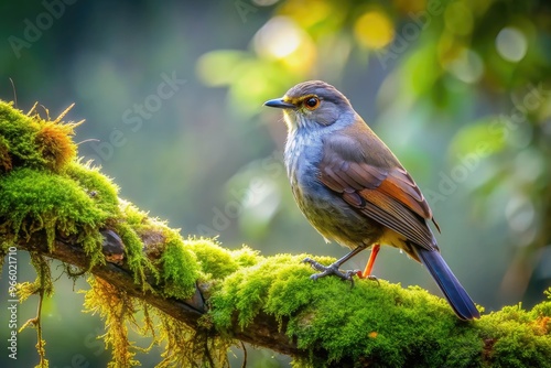 A majestic ern bird perches on a moss-covered branch, its soft grey feathers glistening in the morning dew, surrounded by lush green foliage. photo