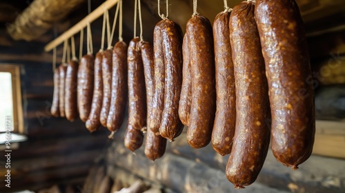 Smoked sausages hanging in a traditional smokehouse, ready for packaging and sale.