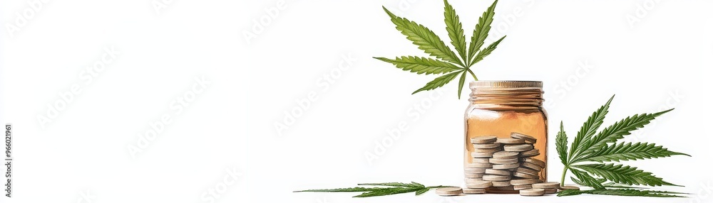 A jar of herbal supplements surrounded by cannabis leaves, representing natural wellness and holistic health benefits. A jar of herbal supplements surrounded by cannabis leaves, representing natural wellness and holistic health benefits.