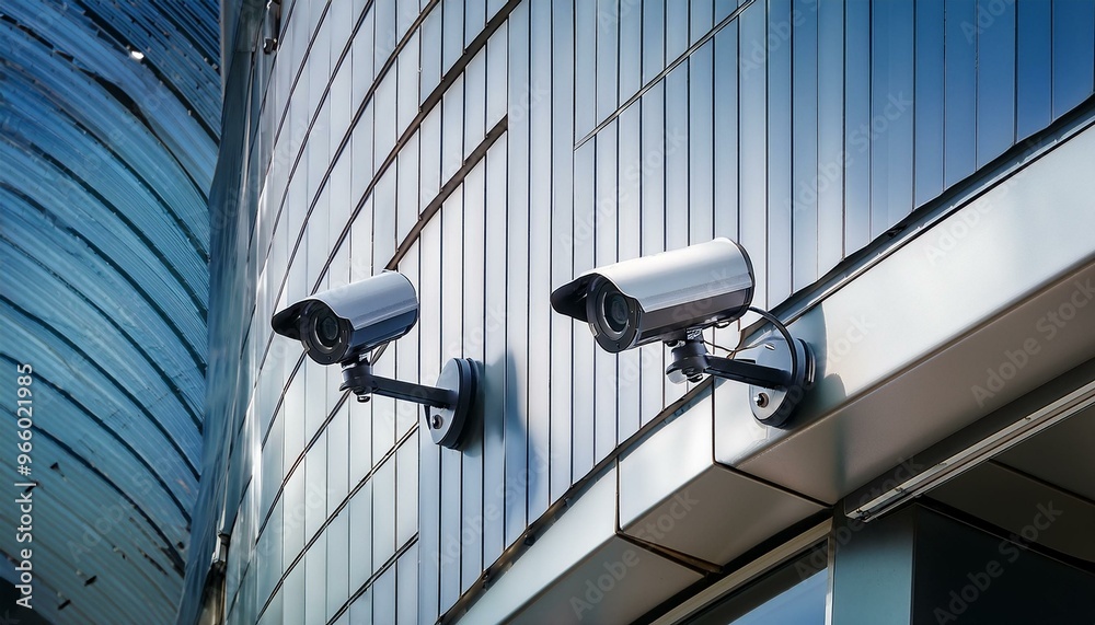 Two security cameras mounted on a building. Two security cameras mounted on a building.