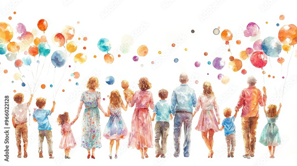 A joyful family celebration with colorful balloons, showcasing unity and togetherness in a vibrant watercolor style. A joyful family celebration with colorful balloons, showcasing unity and togetherness in a vibrant watercolor style.