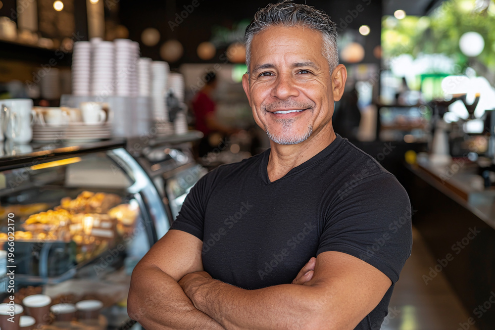a Latino coffee shop owner standing proudly in front of their café a Latino coffee shop owner standing proudly in front of their café