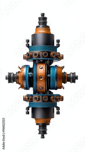 A high-quality ing of an intricate mechanical component showcasing modern engineering design and precision manufacturing.
