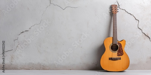 An old guitar with broken strings leaning against a wall, silence, the end of creativity and expression