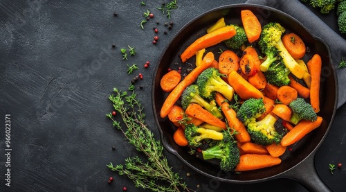 Freshly harvested broccoli and carrots arranged in a skillet on a dark kitche...