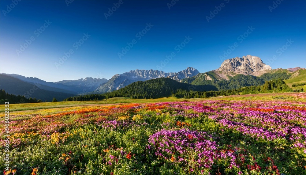 Vibrant flower fields stretch towards distant mountains under a clear blue sky Vibrant flower fields stretch towards distant mountains under a clear blue sky