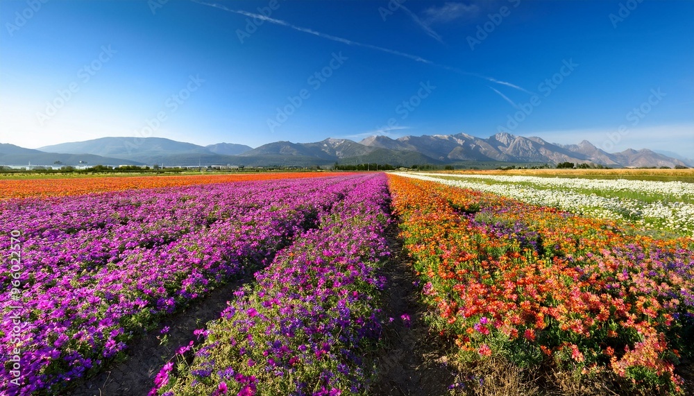 Fototapeta premium Vibrant flower fields stretch towards distant mountains under a clear blue sky