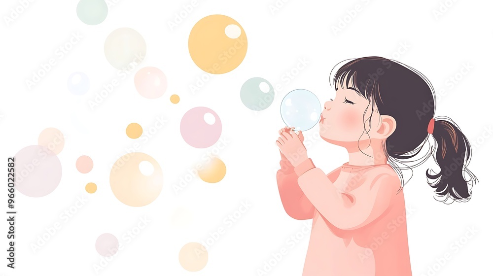 Sweet Child Blowing Bubbles - Minimalist Vector Illustration on White Background with Professional Color Palette and Lighting Sweet Child Blowing Bubbles - Minimalist Vector Illustration on White Background with Professional Color Palette and Lighting