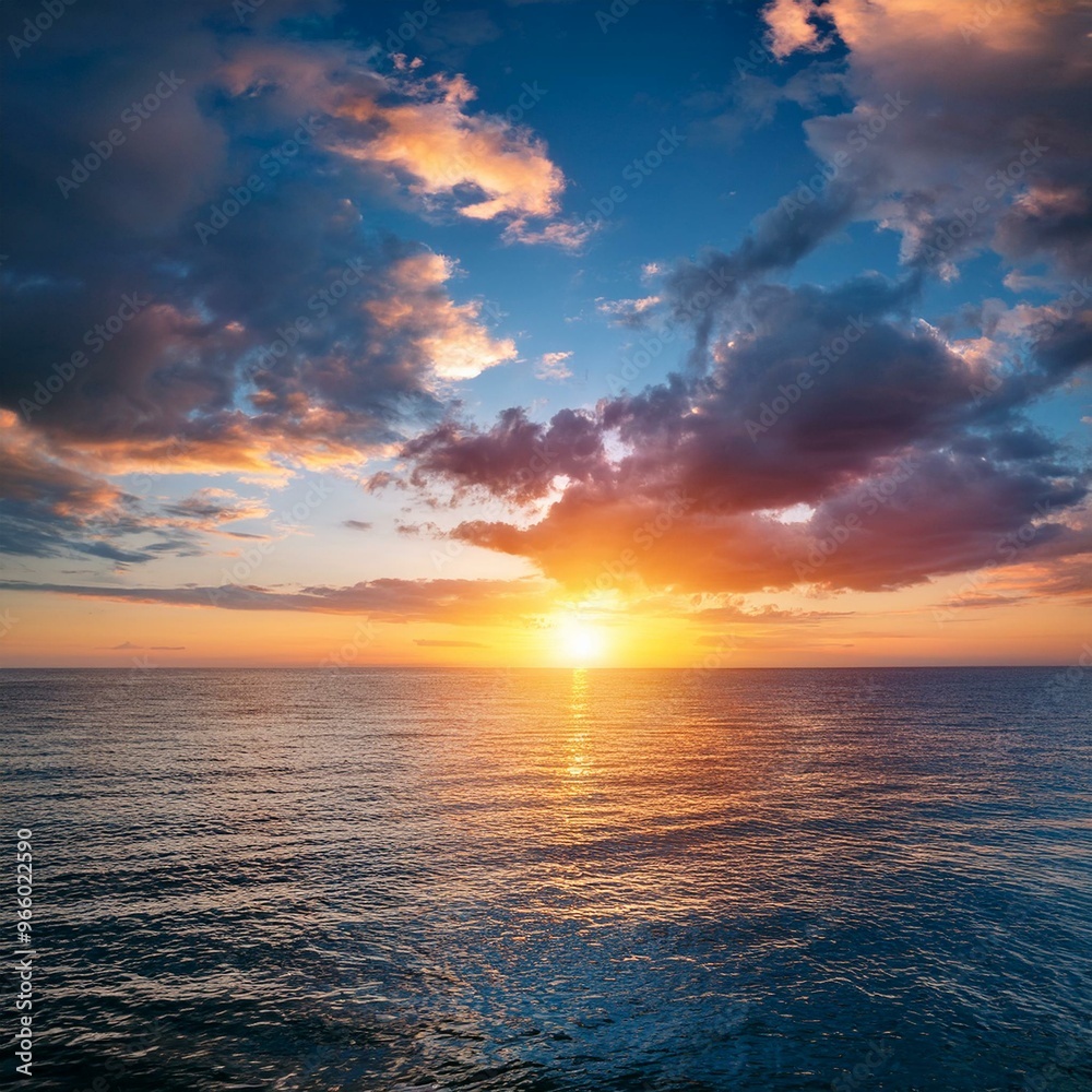 Fototapeta premium Vibrant sunset over calm ocean with clouds
