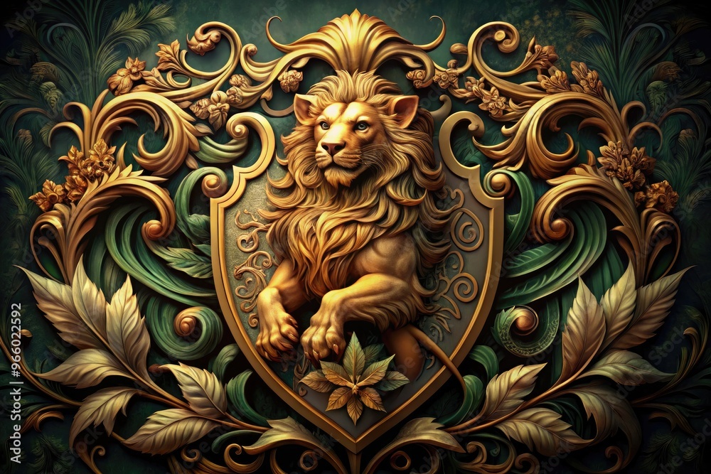 A majestic lion stands proudly on a heraldic shield, surrounded by ornate scrolls and foliage, emblazoned on a vintage coat of arms with intricate golden details. A majestic lion stands proudly on a heraldic shield, surrounded by ornate scrolls and foliage, emblazoned on a vintage coat of arms with intricate golden details.