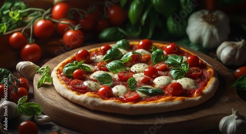 Delicious homemade pizza topped with fresh tomatoes and basil on a wooden table