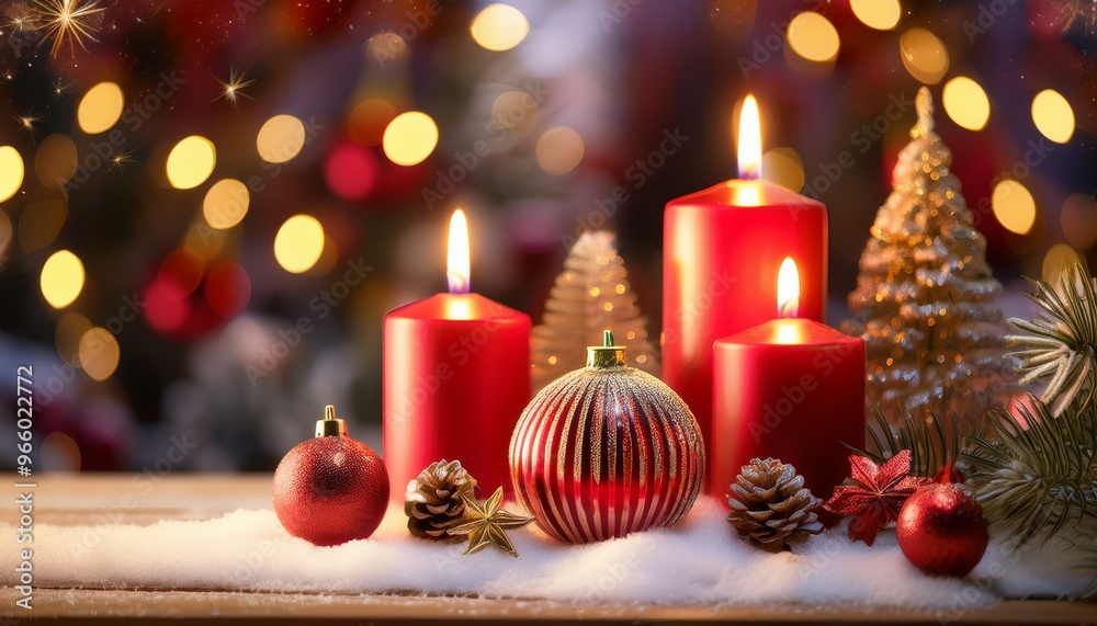 Warm candlelight illuminates a festive winter scene with red ornaments and sparkling light Warm candlelight illuminates a festive winter scene with red ornaments and sparkling light