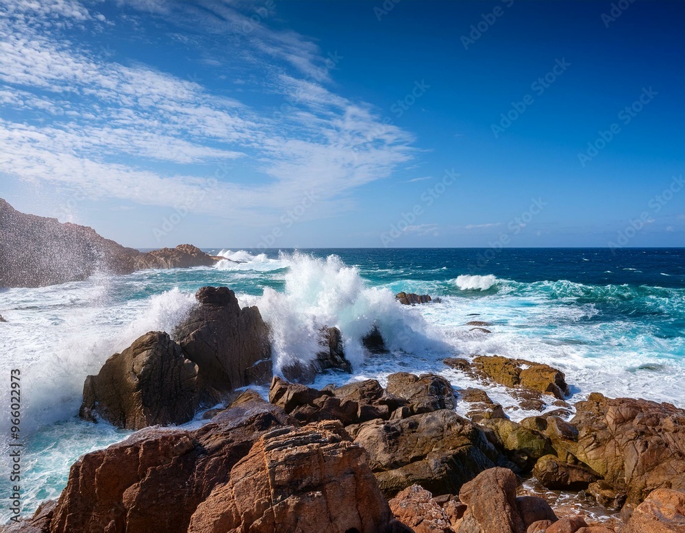 Waves crashing against rocky shoreline under a bright blue sky Waves crashing against rocky shoreline under a bright blue sky