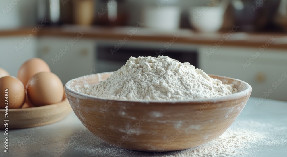 Bowl of flour and fresh eggs prepare for baking at a cozy kitchen counter Bowl of flour and fresh eggs prepare for baking at a cozy kitchen counter