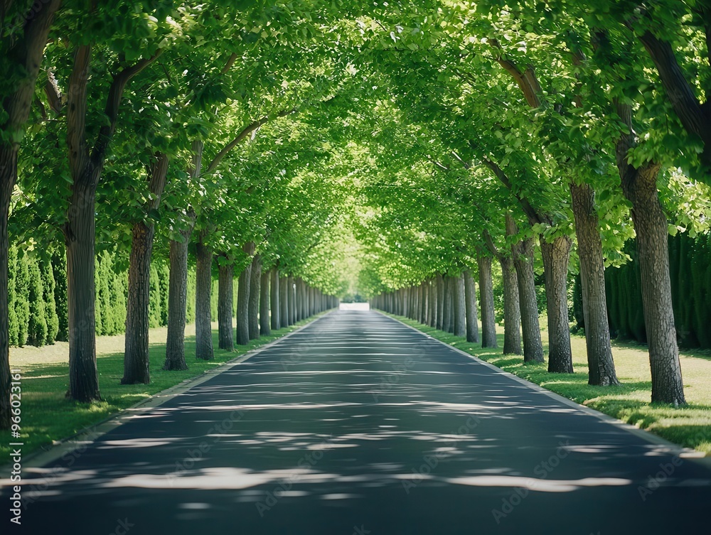 Tree-lined avenue, dense canopy overhead, sunlight streaming through branches, soft shadows Tree-lined avenue, dense canopy overhead, sunlight streaming through branches, soft shadows