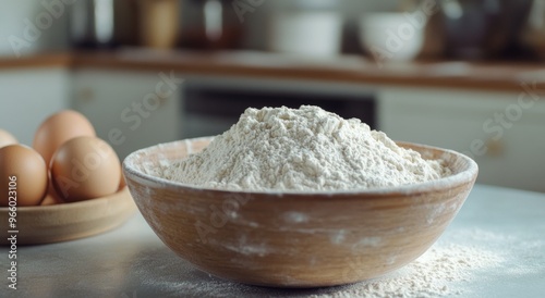 Bowl of flour and fresh eggs prepare for baking at a cozy kitchen counter
