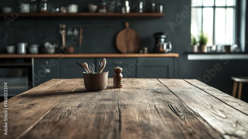 wooden rustic kitchen table. minimalistic interior, utencils on the table