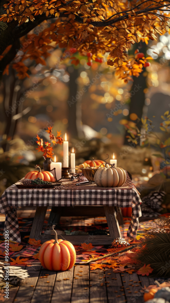Autumn Forest Picnic Table with Pumpkins and Candles