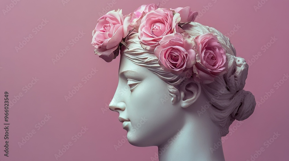 Pink roses blossoming from the cut of a female statue's head, isolated on a muted color background. Pink roses blossoming from the cut of a female statue's head, isolated on a muted color background.