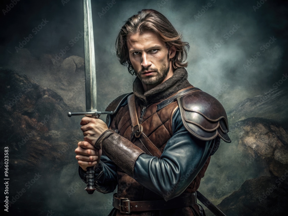 Naklejka premium A medieval warrior stands ready for battle, gripping a gleaming sword with intricate hilt, drawn from a worn leather scabbard in a dramatic pose.