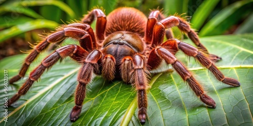 A massive burgundy goliath birdeater tarantula, its vibrant burgundy color glistening, rests on a leaf, its eight legs sprawled out, showcasing its enormous size and gentle nature. photo