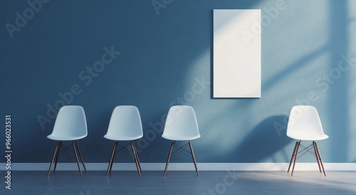 Modern interior with minimalist design featuring white chairs against blue wall