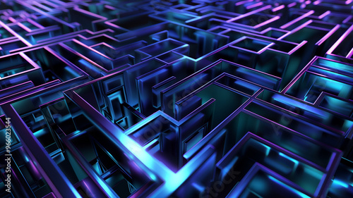 A maze of neon lights and squares. The maze is made of blue and purple lights