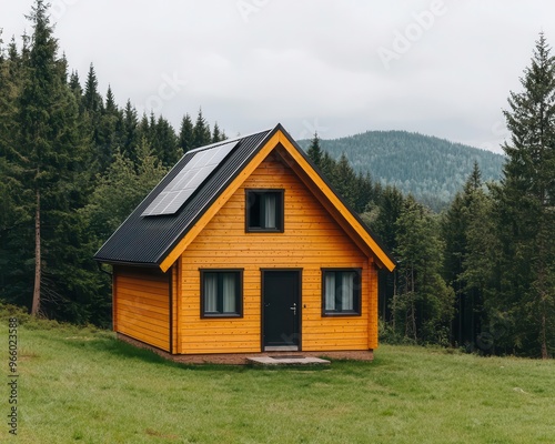 Eco-friendly wooden home nestled in a forest, surrounded by greenery, solar panels on roof