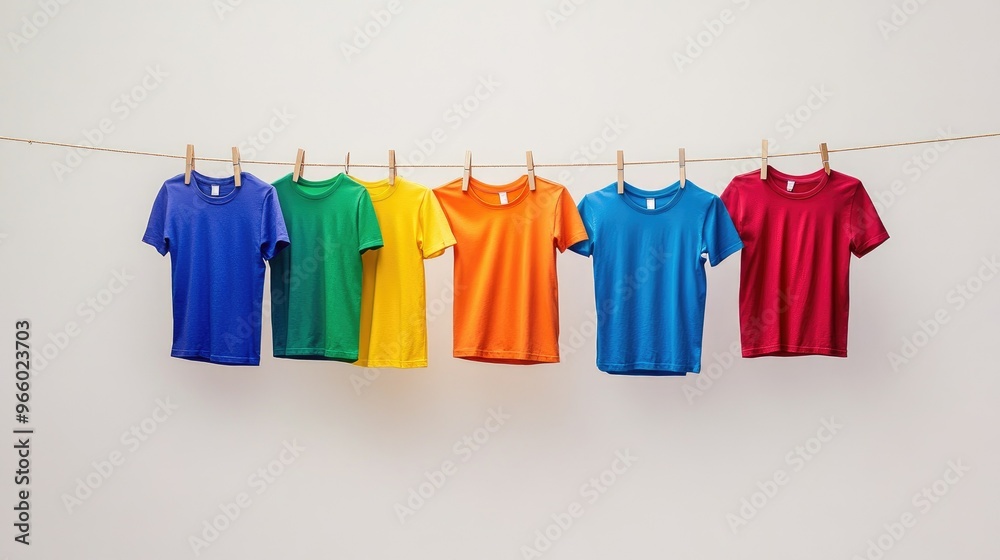 Rainbow-colored t-shirts drying on a clothesline, contrasting vividly with a white backdrop, isolated. Rainbow-colored t-shirts drying on a clothesline, contrasting vividly with a white backdrop, isolated.