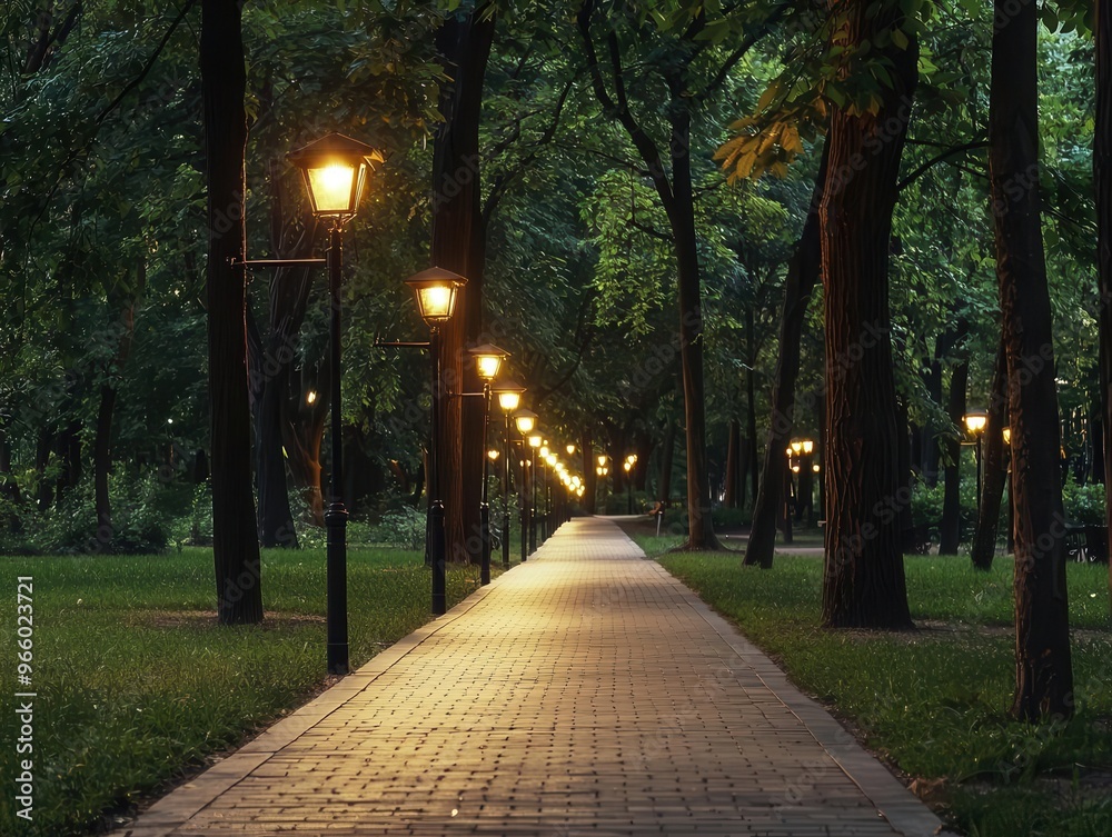 Obraz premium Tree-lined eco-friendly park, solar lights, surrounded by greenery, peaceful nature retreat