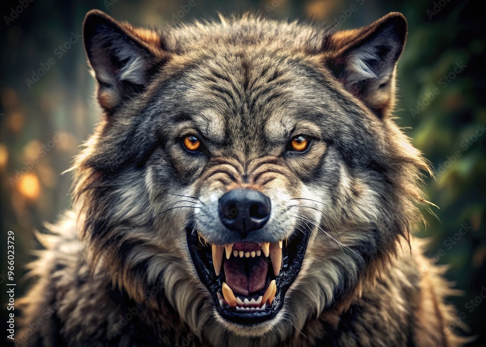 Obraz premium A menacing predator's snarling face with razor-sharp beared teeth bared in a fierce growl, showcasing primal ferocity and raw power in the wild.