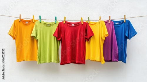 Rainbow-colored t-shirts drying on a clothesline, contrasting vividly with a white backdrop, isolated.