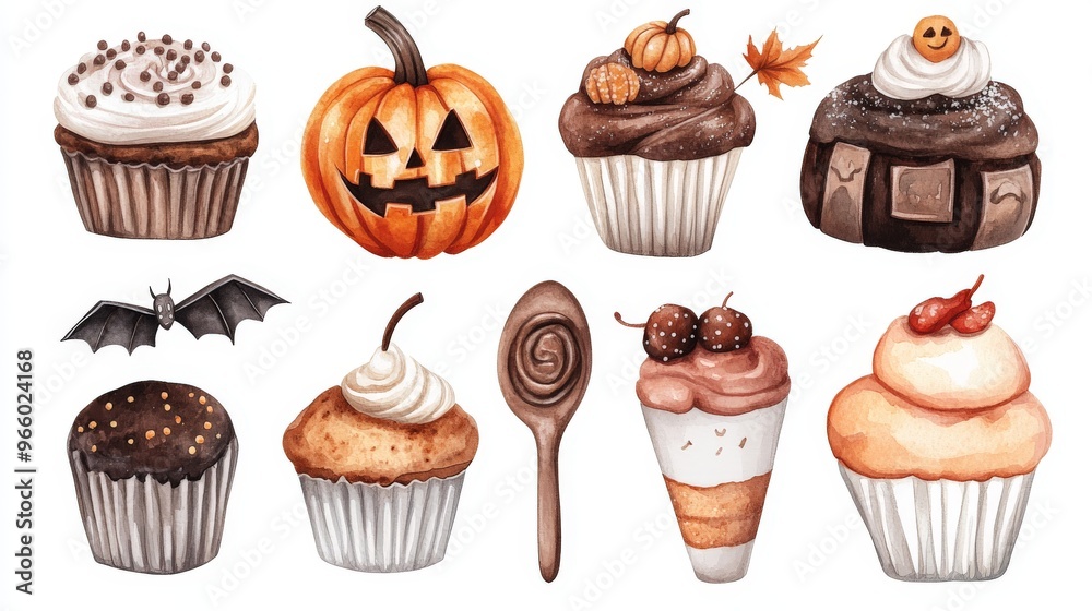 Set collection halloween decoration and food like biscuits, pancakes, muffin cakes illustration in background white Set collection halloween decoration and food like biscuits, pancakes, muffin cakes illustration in background white