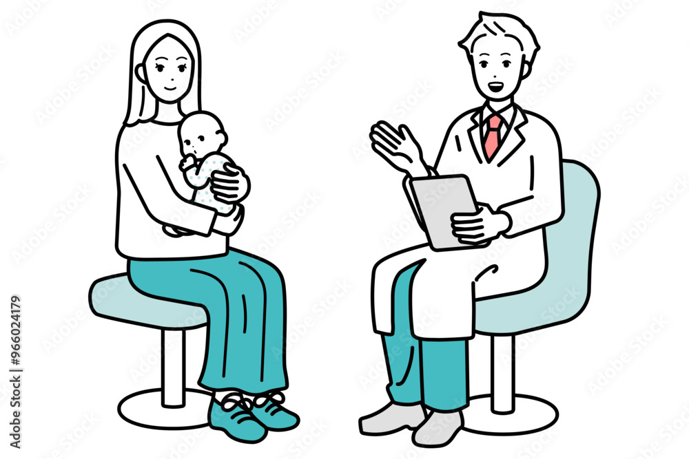 Illustration of doctor, explaining medical examination to parent and child.
Illustration of doctor, explaining medical examination to parent and child.