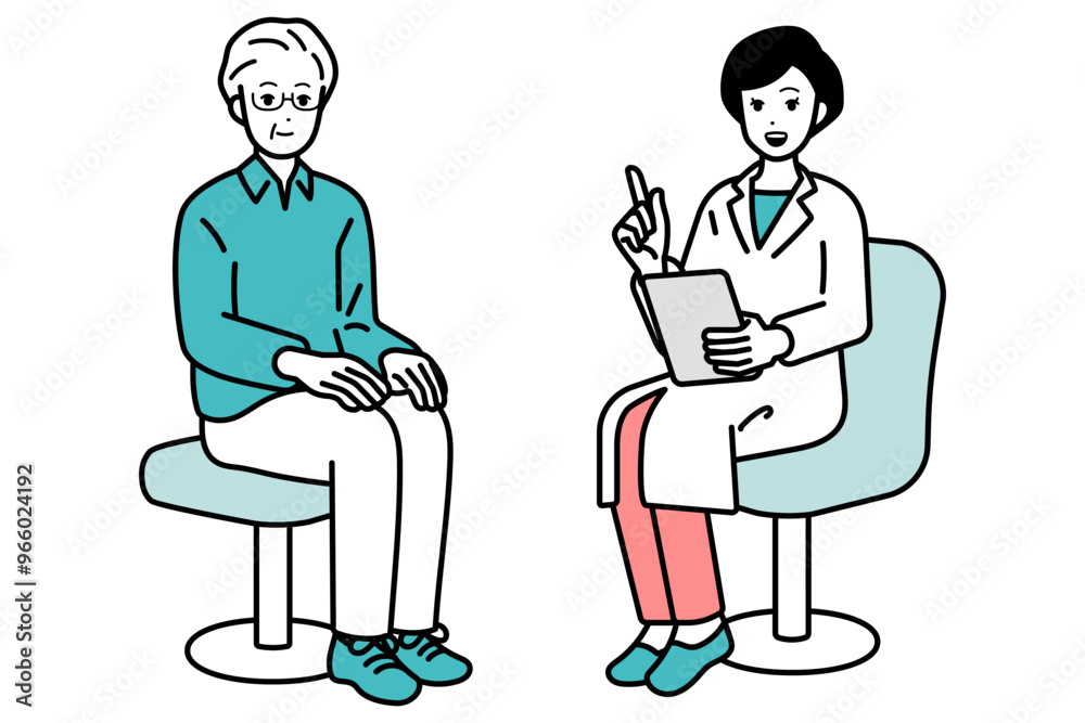 Illustration of a doctor, explaining a medical examination to a senior man.
Illustration of a doctor, explaining a medical examination to a senior man.