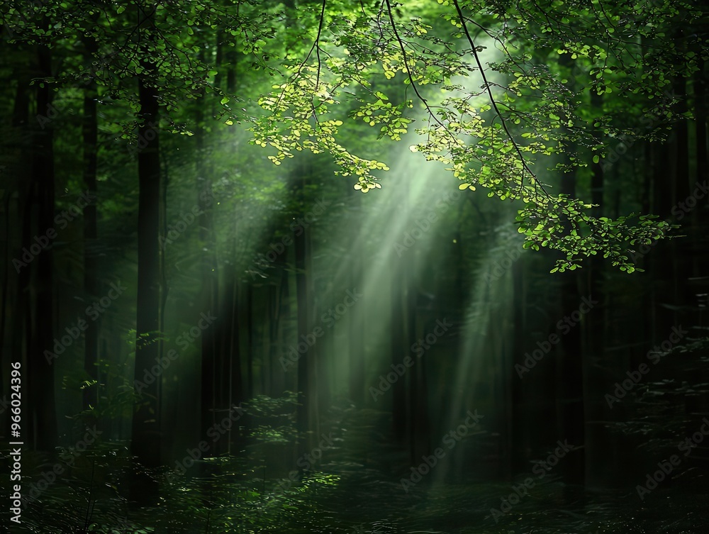 Obraz premium Forest canopy with rays of sunlight breaking through, eco-friendly atmosphere, peaceful vibes